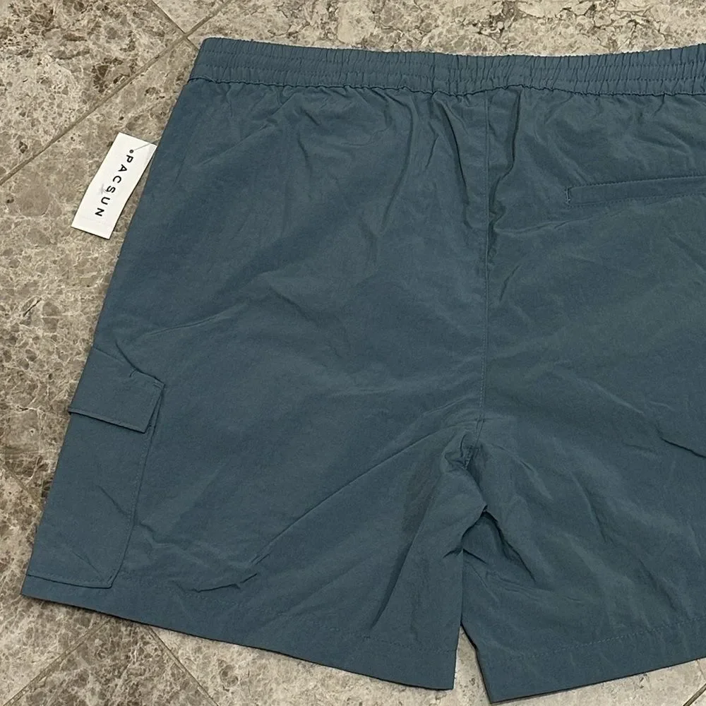 Pacsun Men’s Nylon Cargo Shorts Blue NEW Large Elastic Waist Casual Streetwear